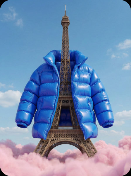 AI-generated example image of the Eiffel Tower wearing a blue puffer jacket