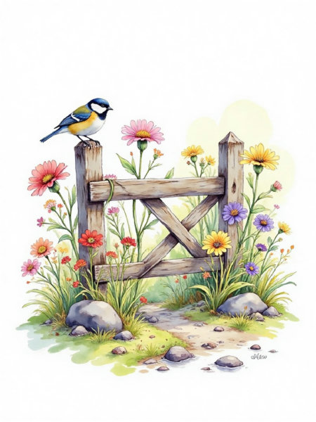 C_Watercolor Pastoral Style_Creation Of Fences With Birds And Flowers - v1.0
