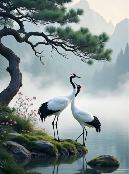 E_Chinese - Style Pine Trees And Red - Crowned Cranes_Landscape Scene Generation - v1.0