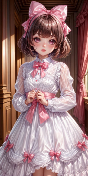 White and Pink Ribboned Satin Maid Gown - V1